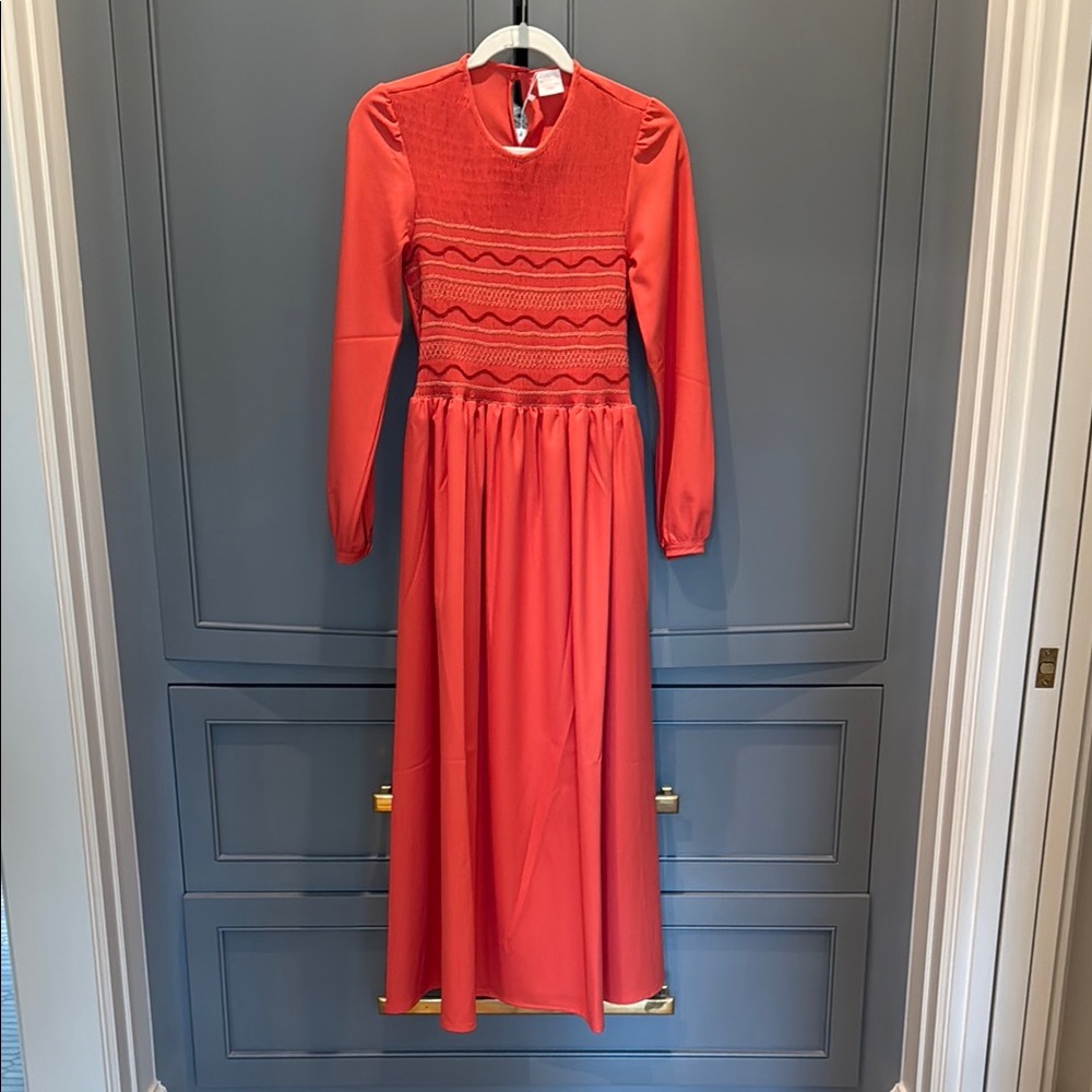 Orange Ruched Smocked Maxi Dress with Bishop Sleeves